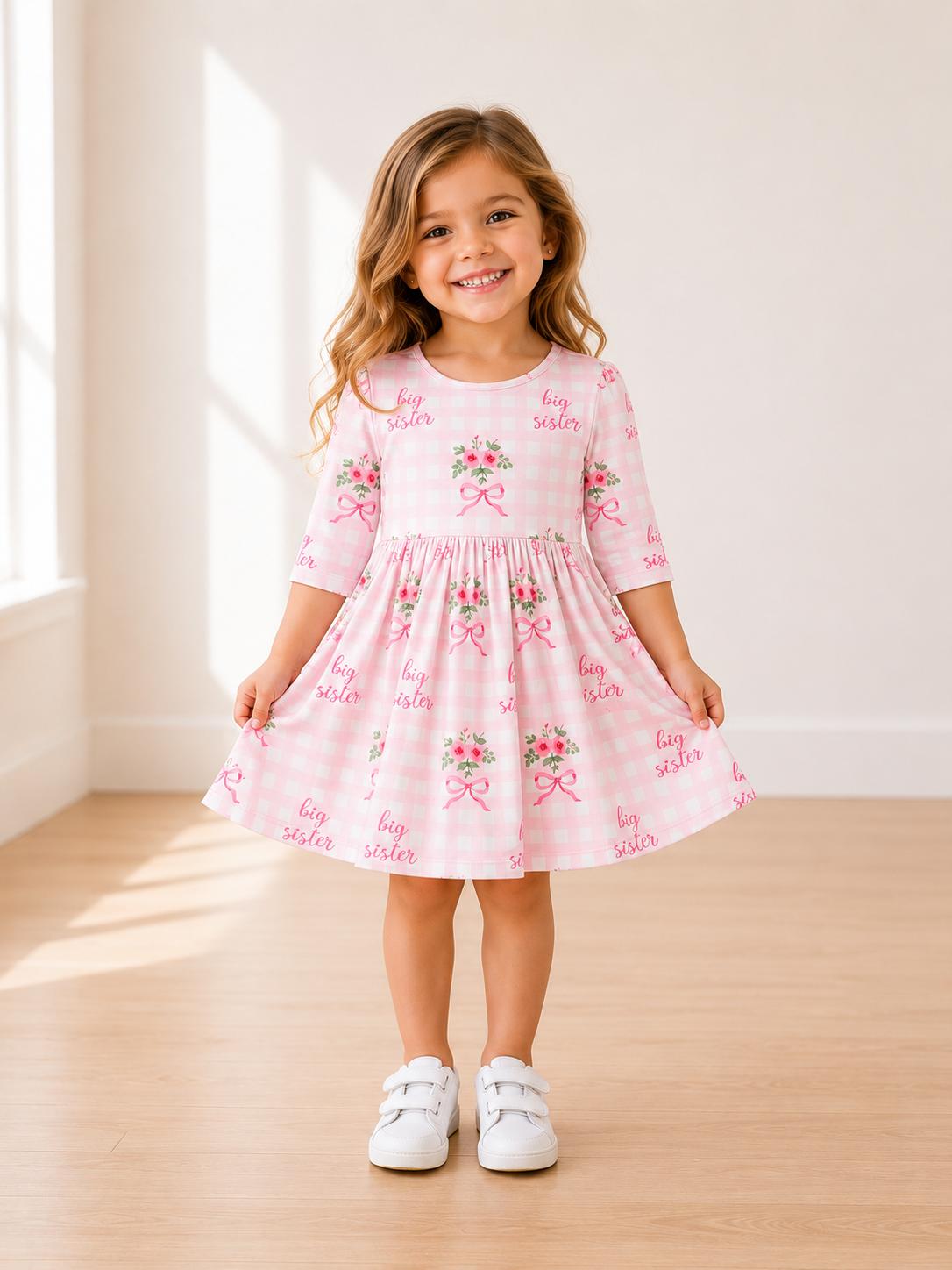 Big Sister Floral 3/4 Sleeve Pocket Twirl Dress