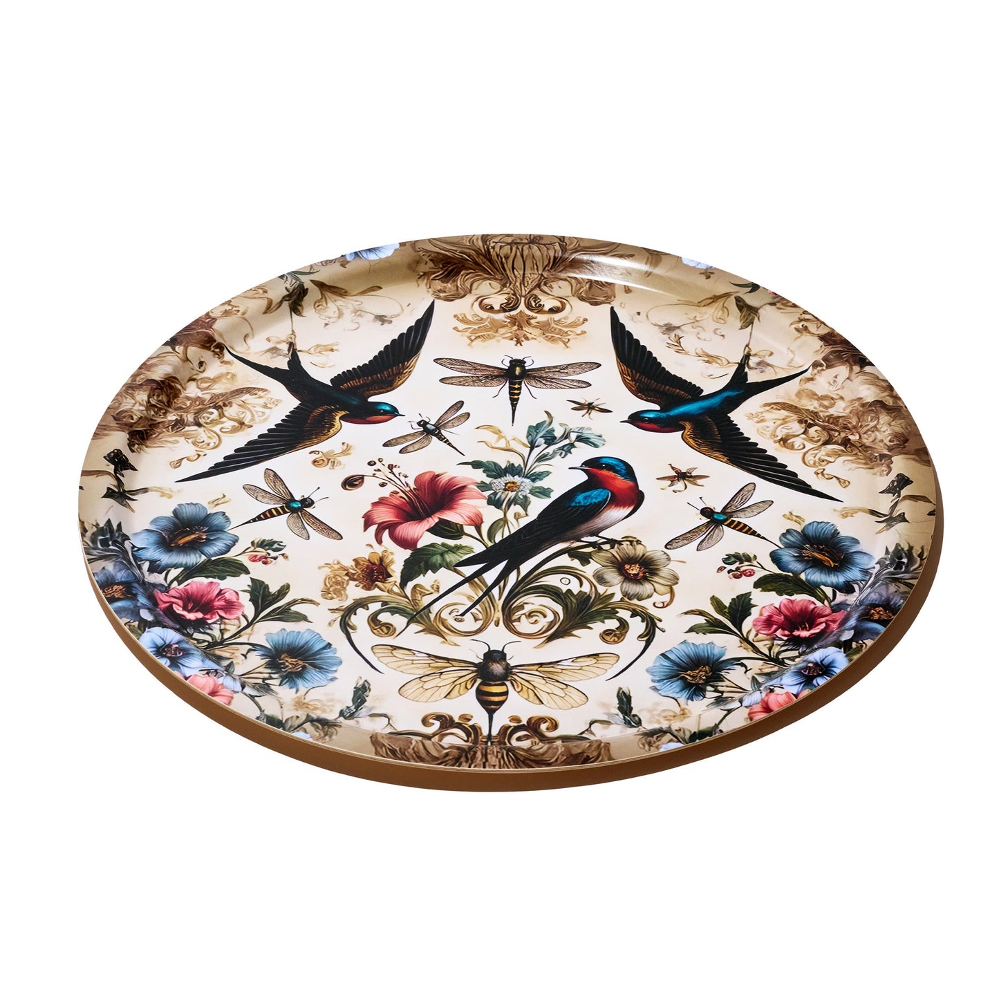 Birds and Bees Birchwood Decorative Tray - Round - Large