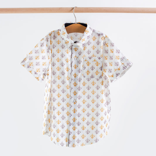 Black and Gold Fleur de Lis Short Sleeve Collared Shirt