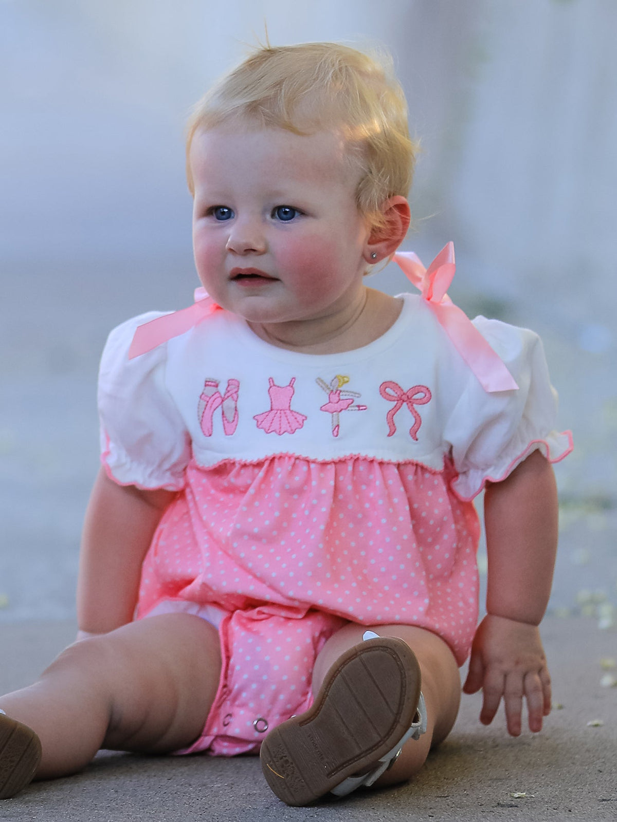 Pink Ballet Embroidery Bow Bubble Romper