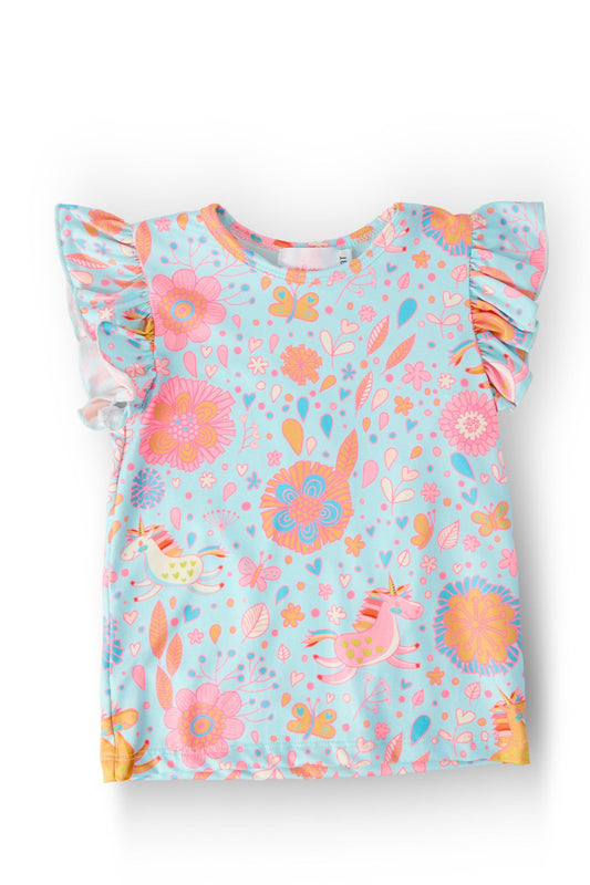 Blue Retro Unicorns S/S Ruffle Tee