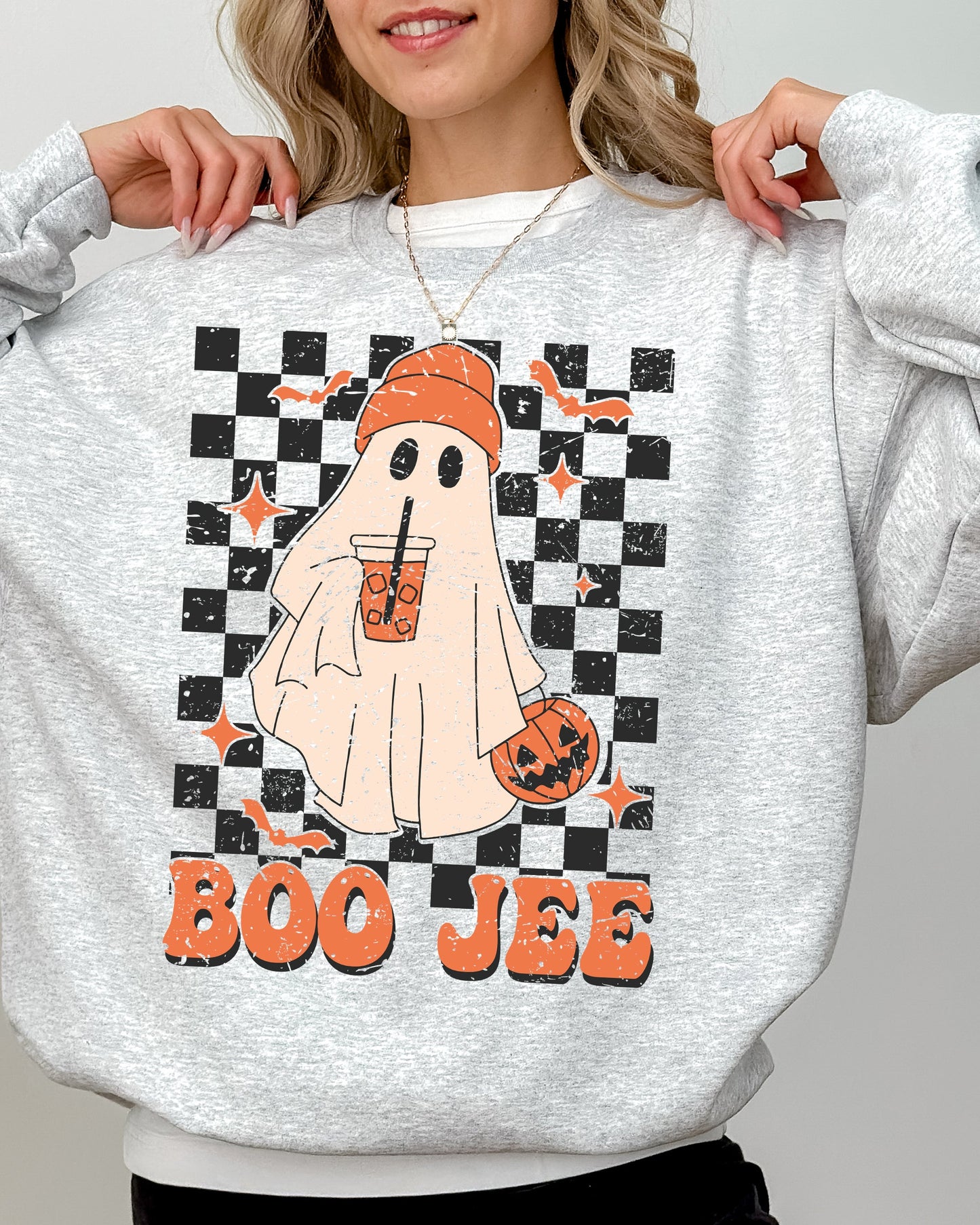 Boo-Jee Ghost, Checkered, Retro, Halloween, Coffee Drink Sweatshirt