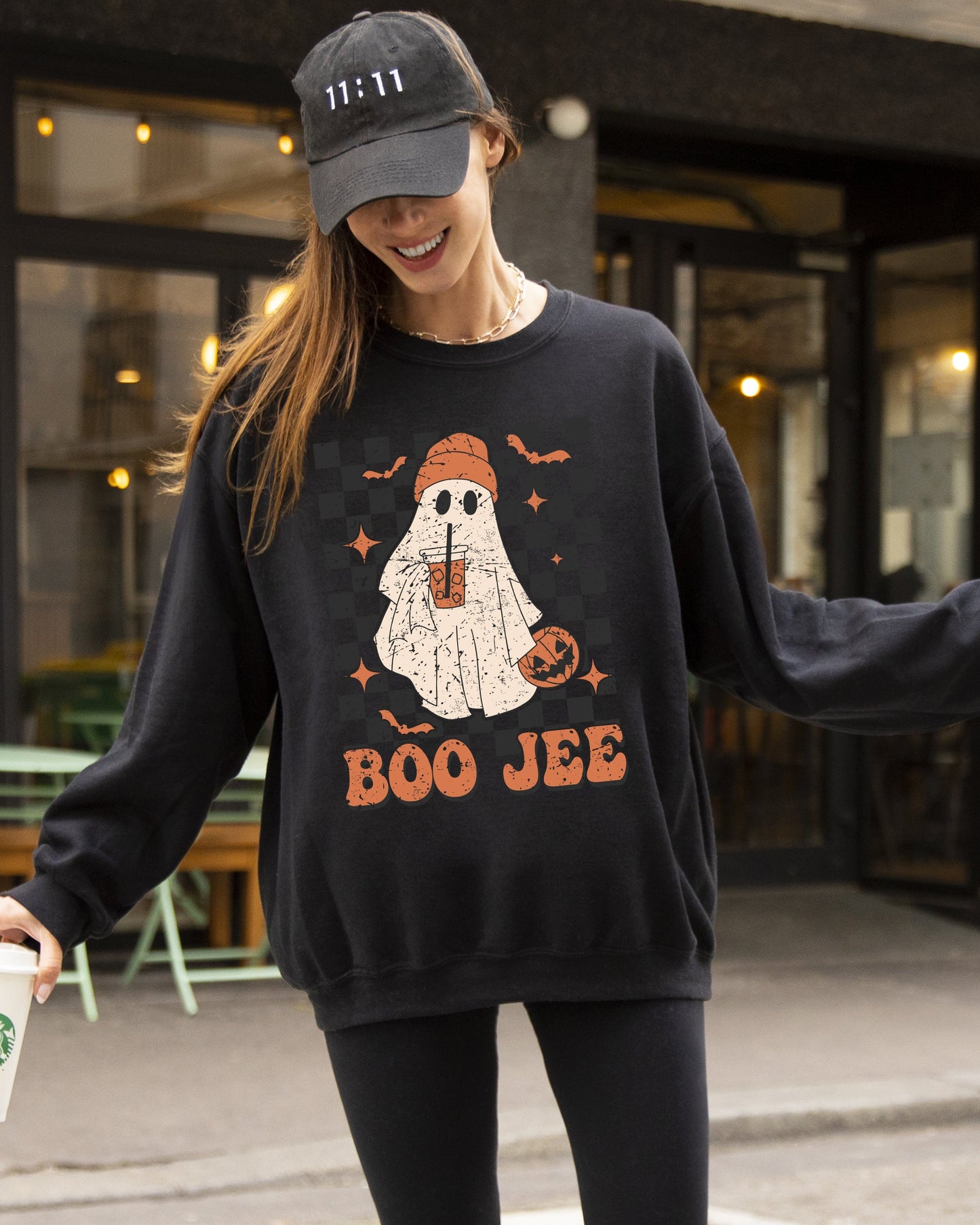 Boo-Jee Ghost, Checkered, Retro, Halloween, Coffee Drink Sweatshirt