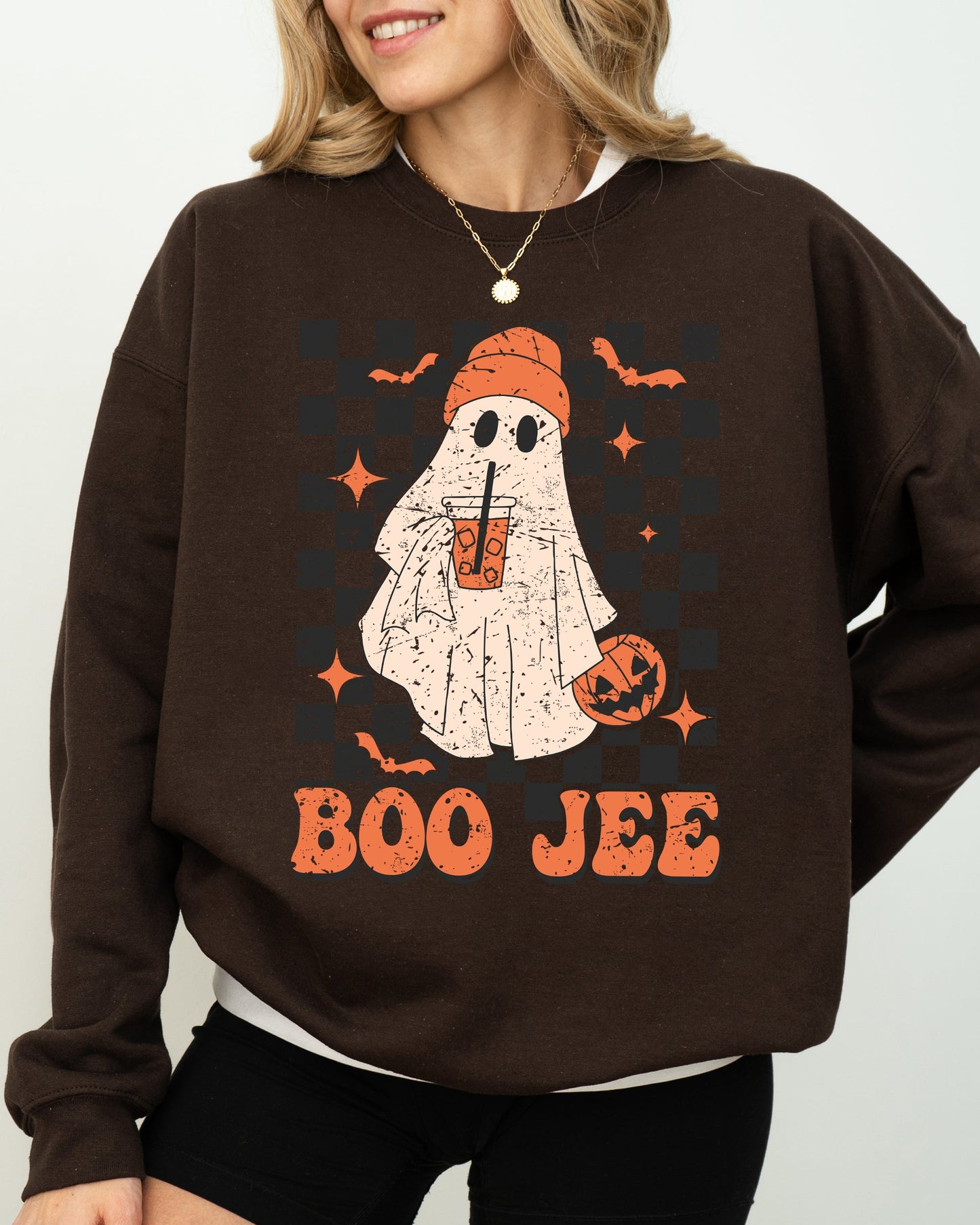 Boo-Jee Ghost, Checkered, Retro, Halloween, Coffee Drink Sweatshirt