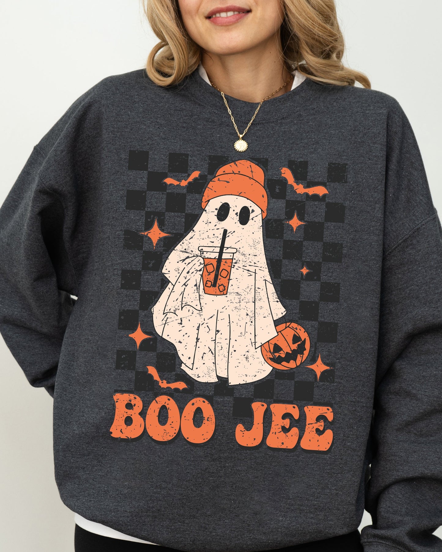 Boo-Jee Ghost, Checkered, Retro, Halloween, Coffee Drink Sweatshirt