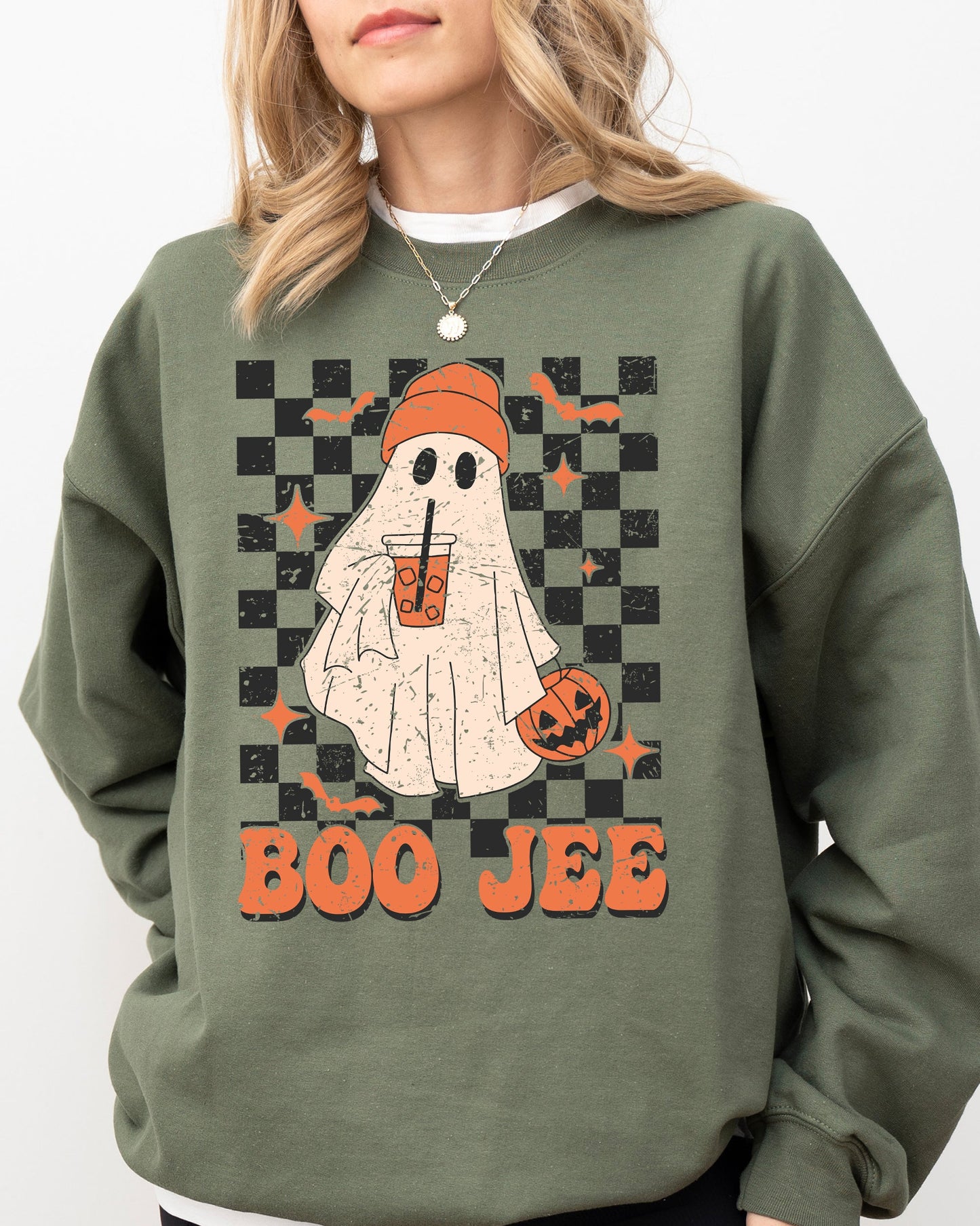 Boo-Jee Ghost, Checkered, Retro, Halloween, Coffee Drink Sweatshirt