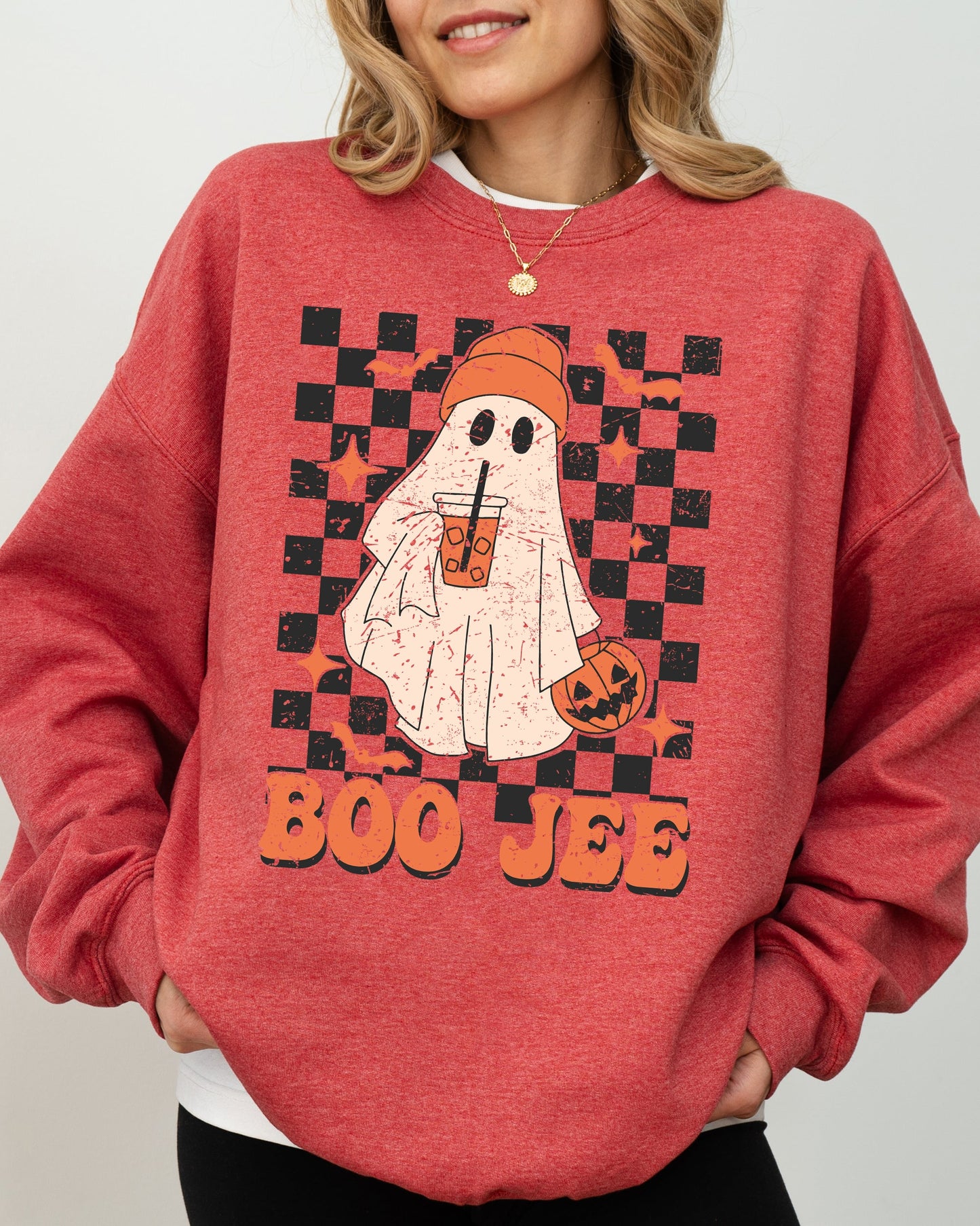 Boo-Jee Ghost, Checkered, Retro, Halloween, Coffee Drink Sweatshirt