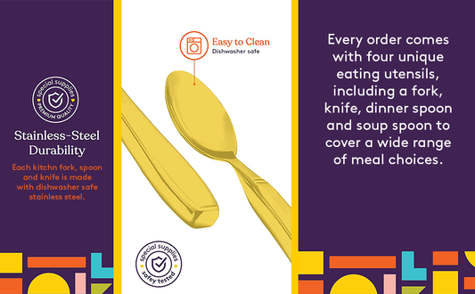 Special Supplies Adaptive Utensils (4-Piece Premium Stainless Steel) Wide, 7oz. Each Heavy Weighted, Non-Slip Handles for Hand Tremors, Arthritis, Parkinson's or Elderly Use, Knife, Fork, Spoons - Gold