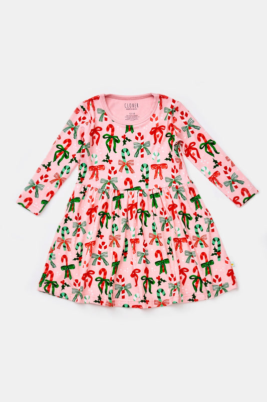 Stretchy Long Sleeve Twirl Dress - Candy Canes
