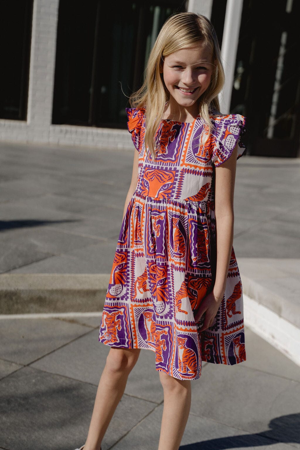 Girls Maya Tiger Game Day Dress | Orange & Purple