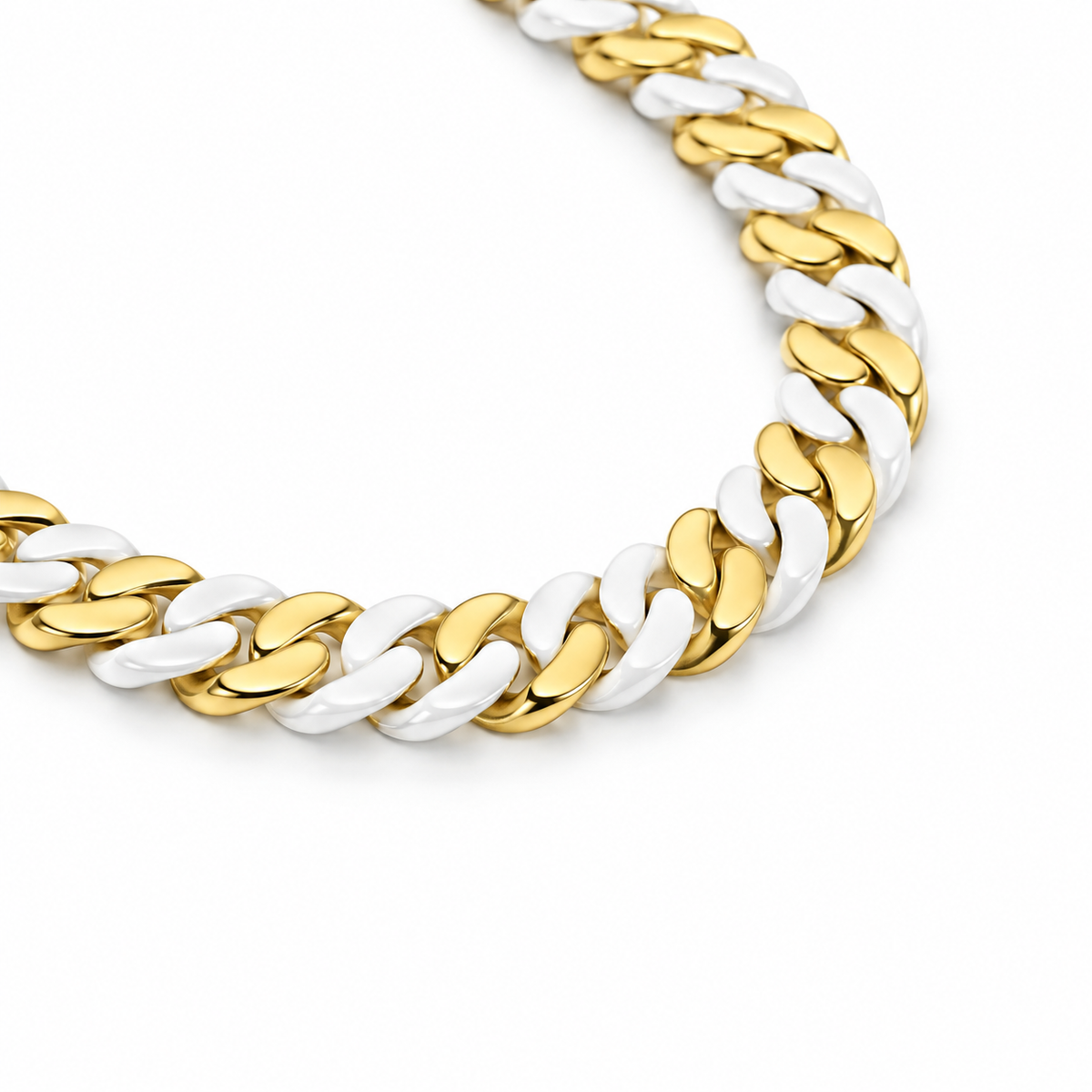 C160GW B.Tiff 2-Tone Gold Plated White Ceramic Flat Cuban Link Necklace/ 16mm