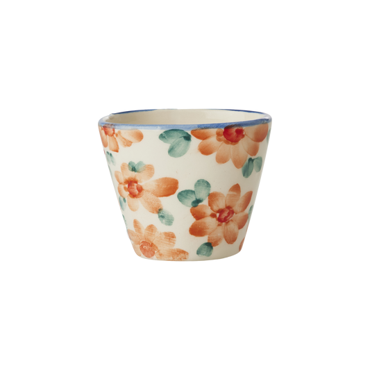 Ceramic Oval Espresso Cup with Hand Painted Orange Flowers - 2.4 oz