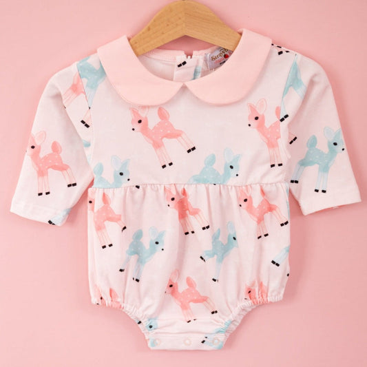 Pink Christmas Romper with Retro Deer for Babies