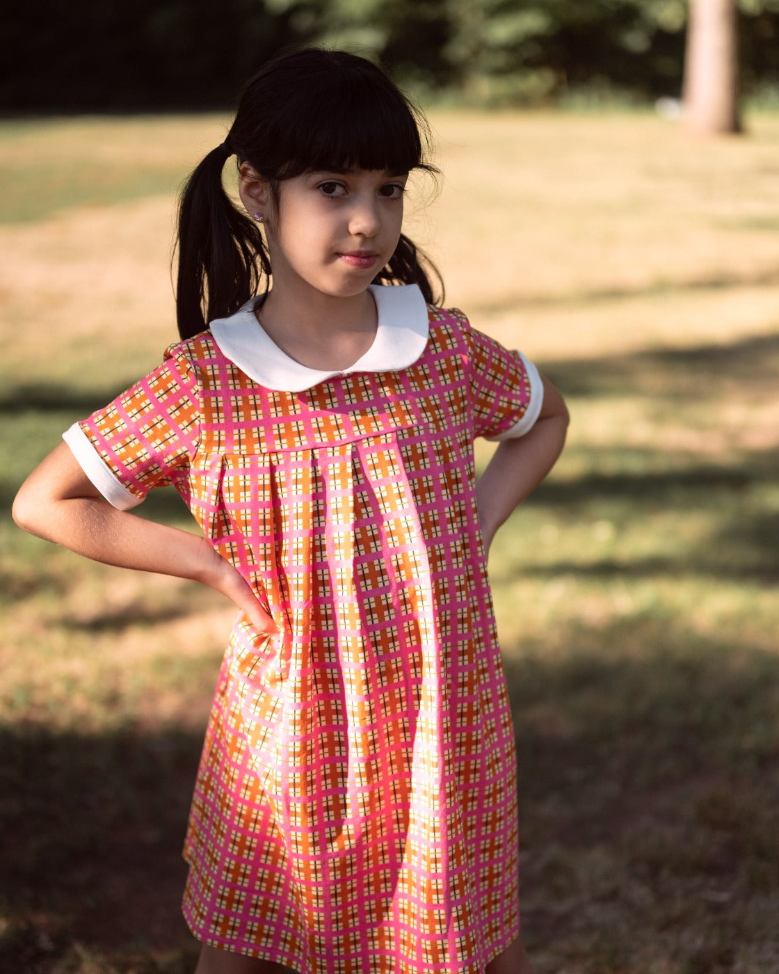 Retro Pink Plaid Pleated Peter Pan Collar Dress