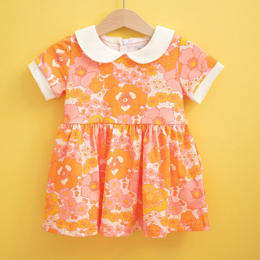 Girls' Mod Collar Dress in Orange and Pink Flower Power