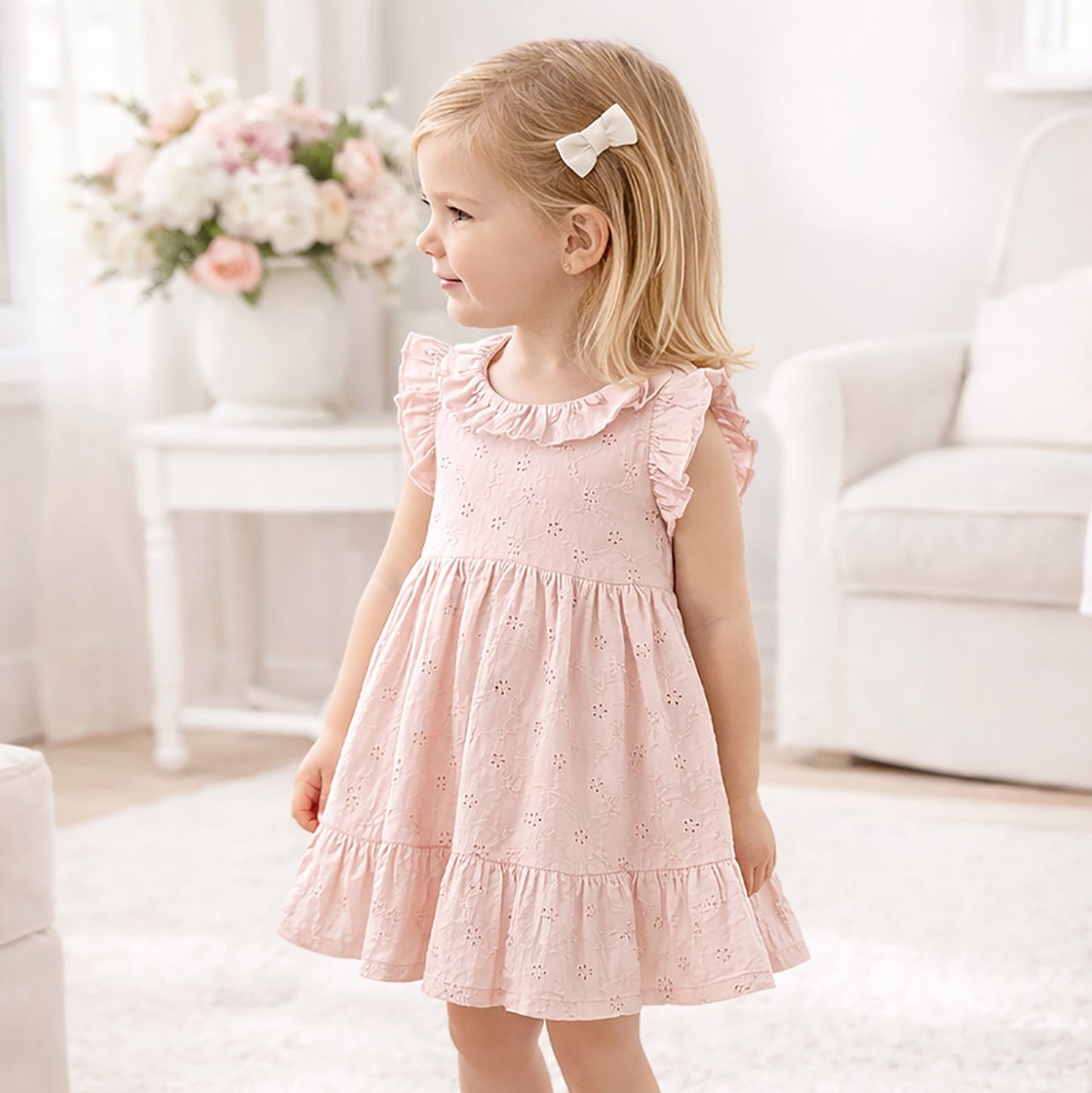 Eyelet Girl's Cotton Dress for Special Occasions - Pink