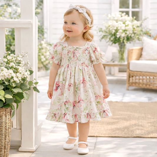 Blush Bouquet Smocked Bodice Puff Sleeve Dress