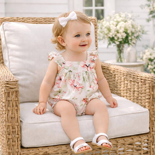 Blush Bouquet Baby Girl Floral Cotton Linen Sunsuit