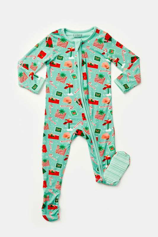 Soft & Stretchy Zipper Footie - Santa Mail