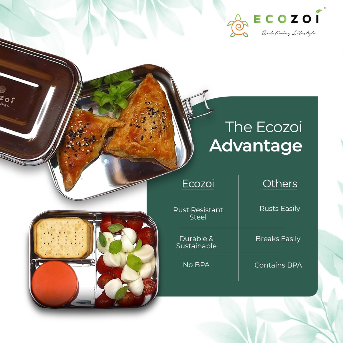 Ecozoi Stainless Steel Bento Lunch Box for Kids and Adults, 3 Compartment, Solid Print, 2 Tier Leak Proof, 60 oz