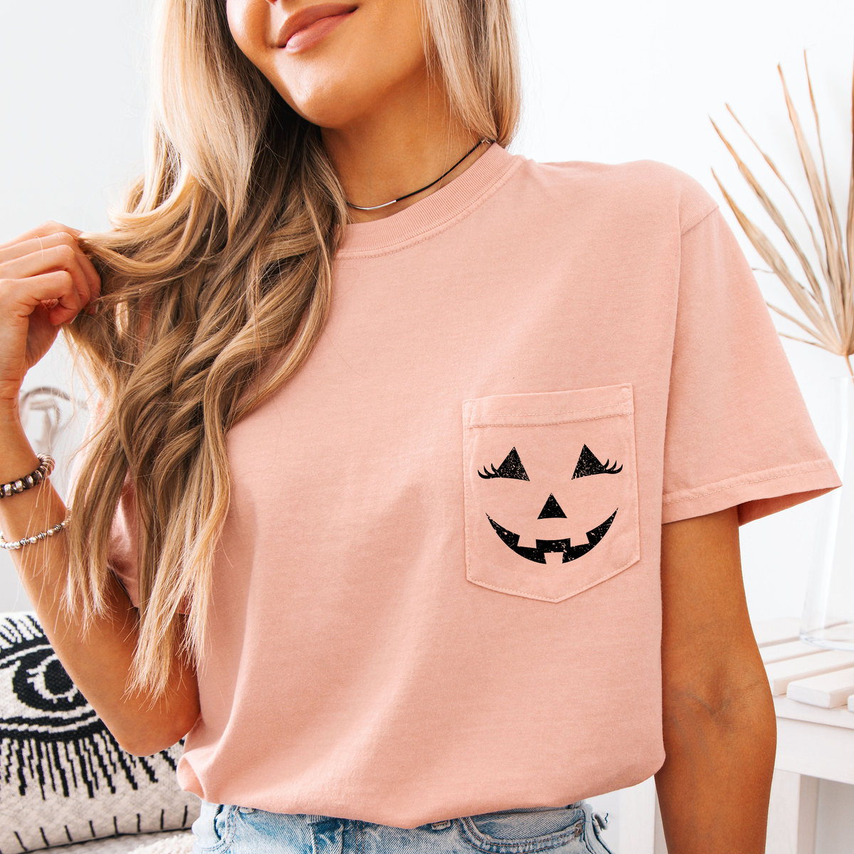 Cute Jack o Lantern, Halloween, Pocket, Comfort Colors Pocket T-Shirt