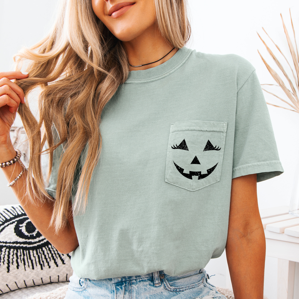 Cute Jack o Lantern, Halloween, Pocket, Comfort Colors Pocket T-Shirt