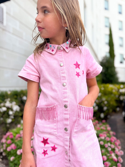Pink Fringe Denim Dress
