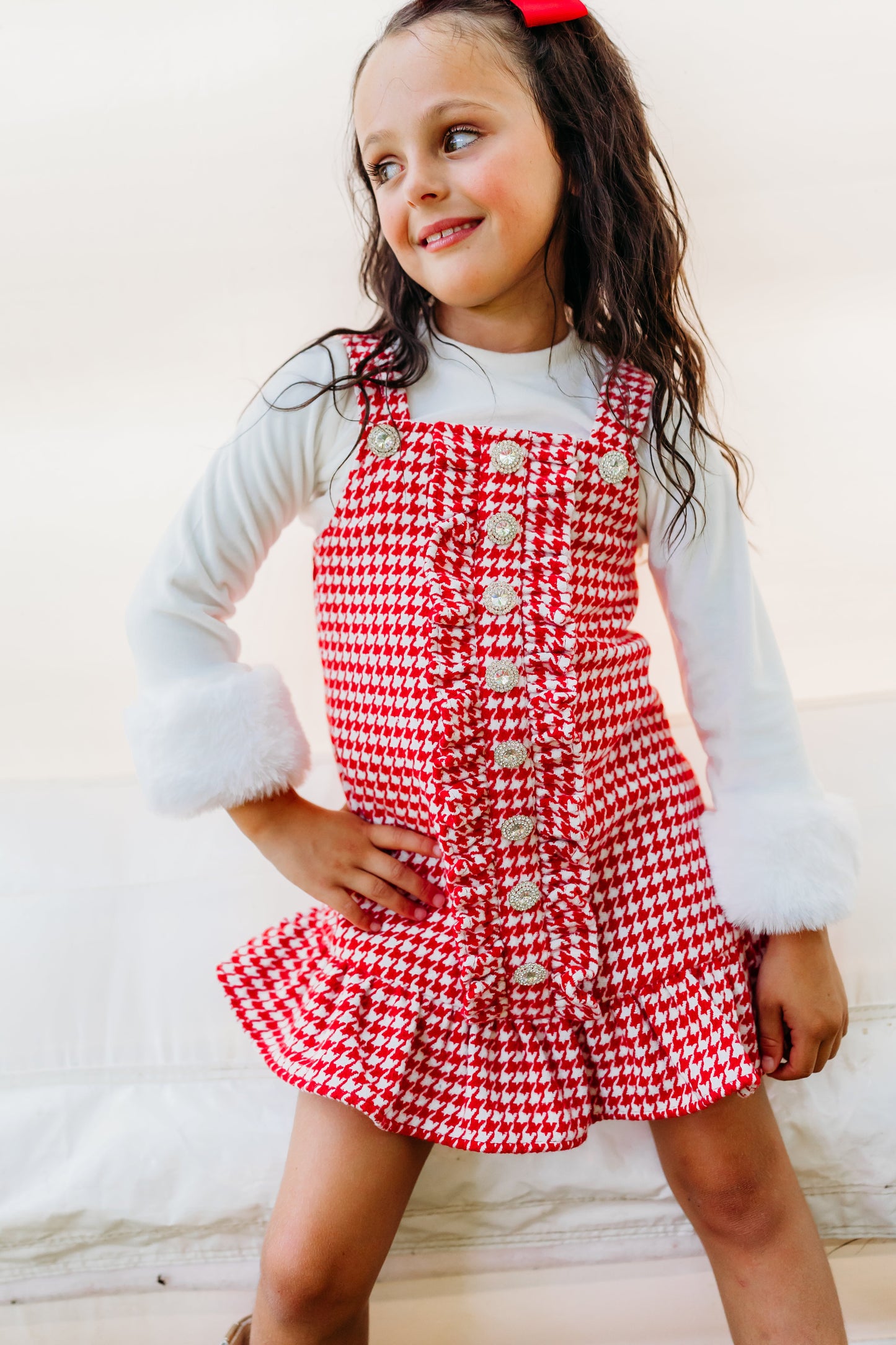 Red and White Houndstooth Ruffle Button Jumper Dress- preorder