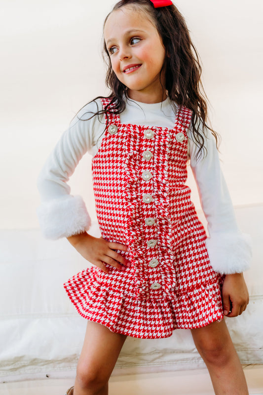 Red and White Houndstooth Ruffle Button Jumper Dress- preorder