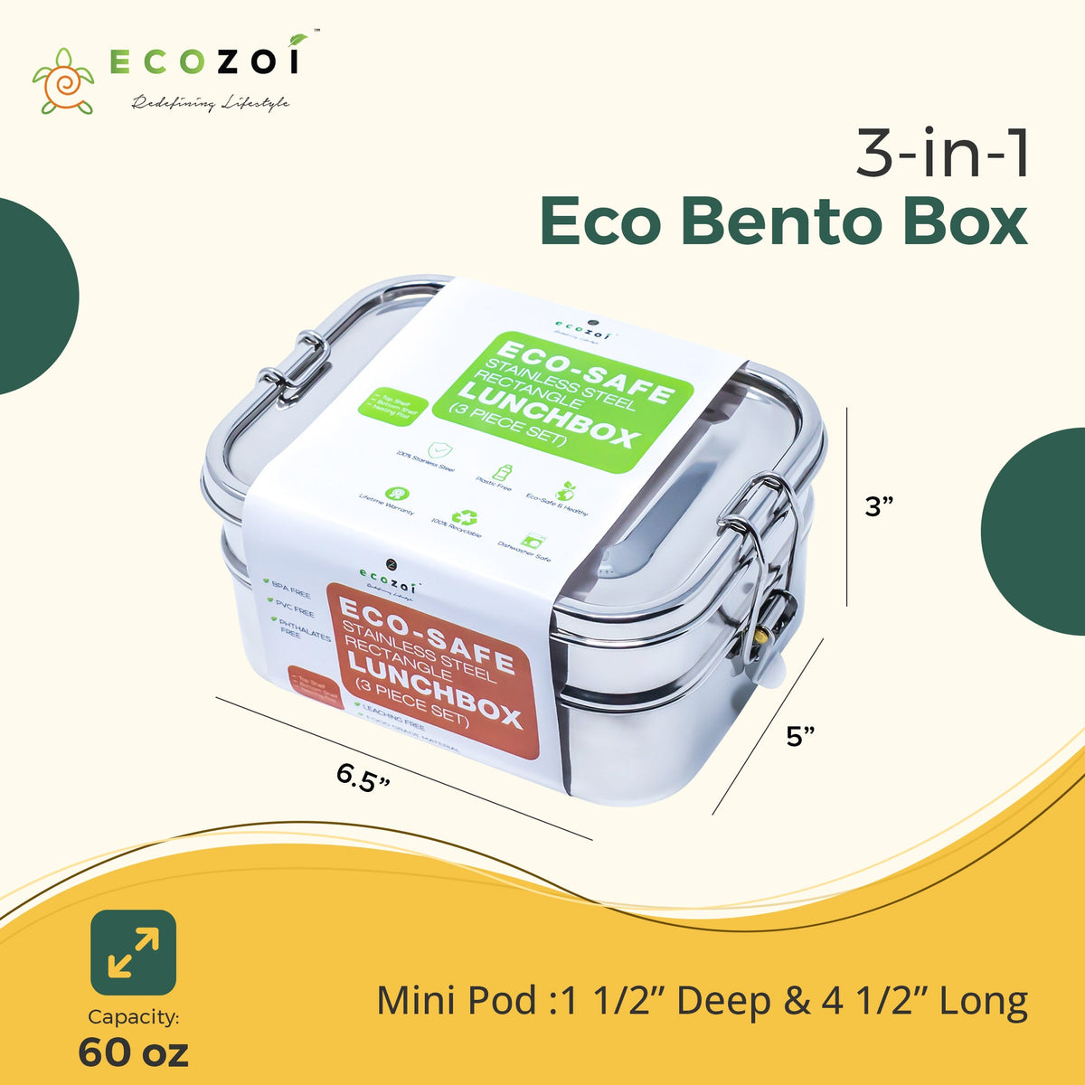 Ecozoi Stainless Steel Bento Lunch Box for Kids and Adults, 3 Compartment, Solid Print, 2 Tier Leak Proof, 60 oz
