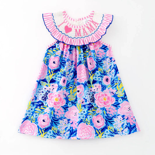 Girls Summer “I LOVE MAMA” Smocking Embroidered Dress