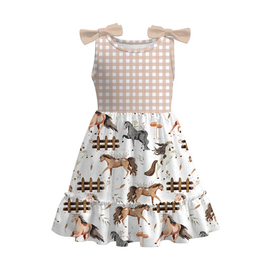 Girls Summer Plaid Horse Farm Print Dress