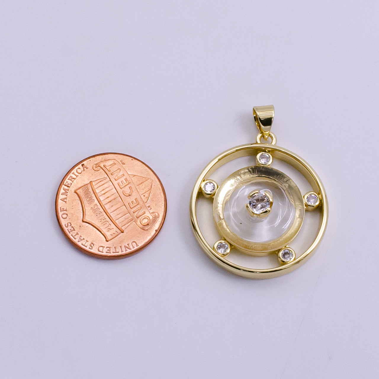 14K Gold Filled 30mm Clear Quartz, Rose Quartz, Amethyst CZ Open Round Pendant | AH055 - AH057