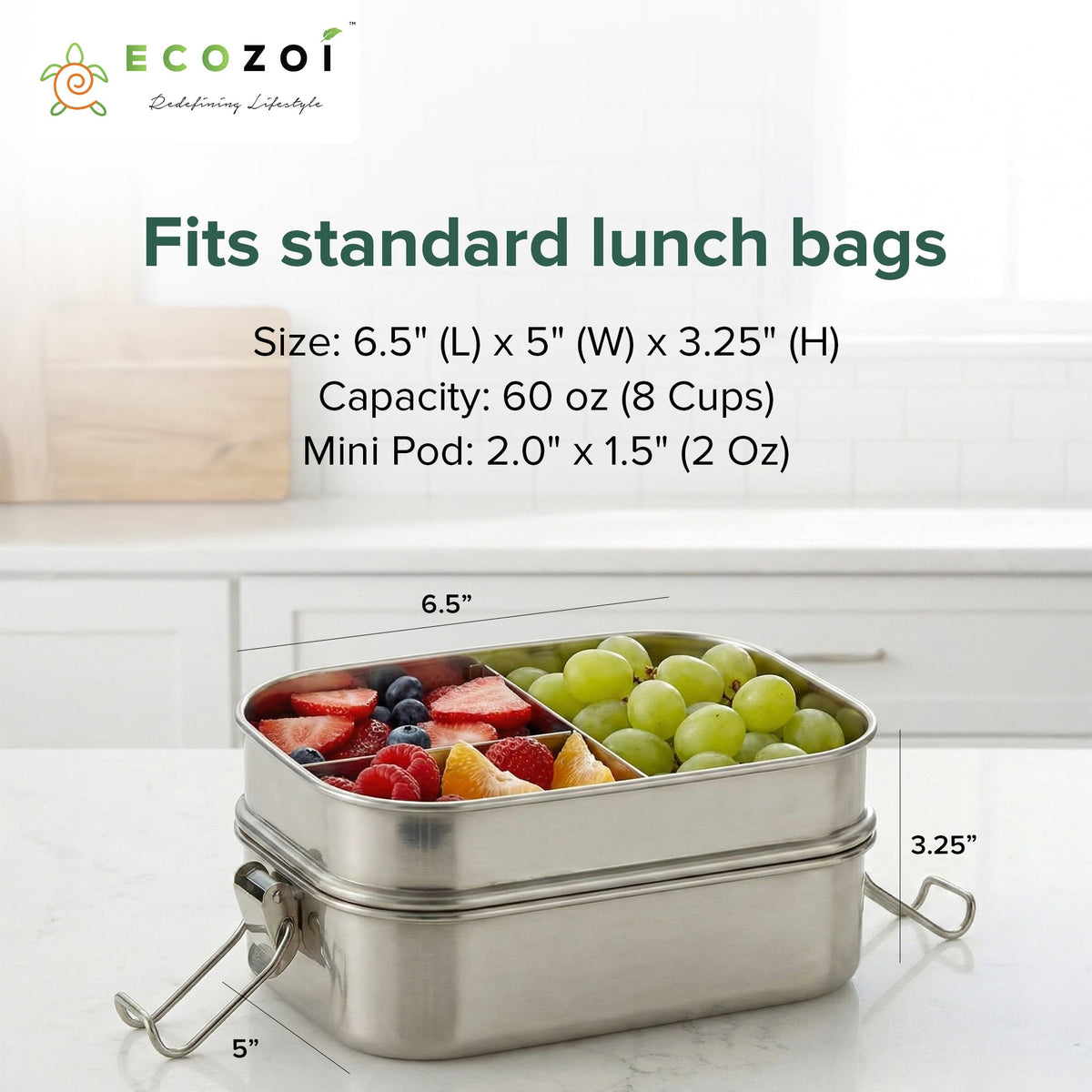 Ecozoi Stainless Steel Bento Lunch Box for Kids and Adults, 3 Compartment, Solid Print, 2 Tier Leak Proof, 60 oz