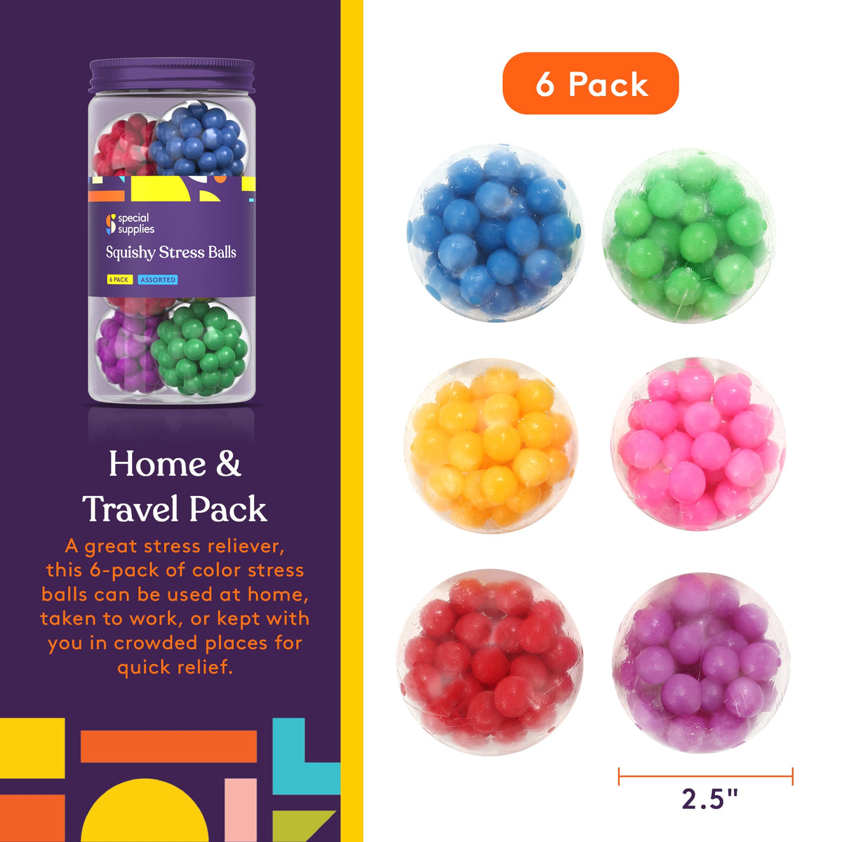 Squishy Stress Balls 6-Pack – Colorful Sensory Fidget Toys for Stress Relief, Anxiety Relief, Focus & Relaxation for Kids and Adults