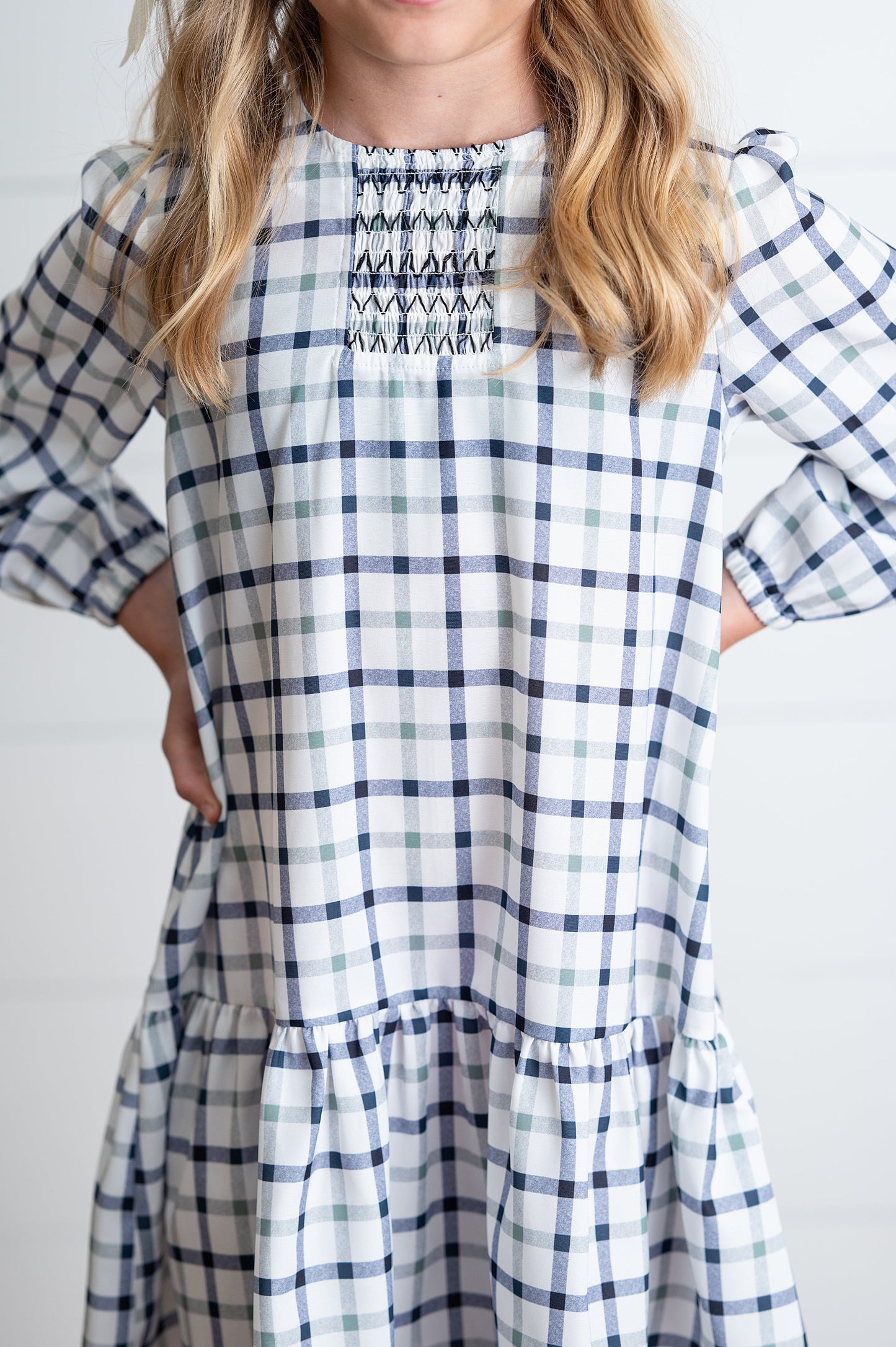 Navy and White Plaid Smocked Dress