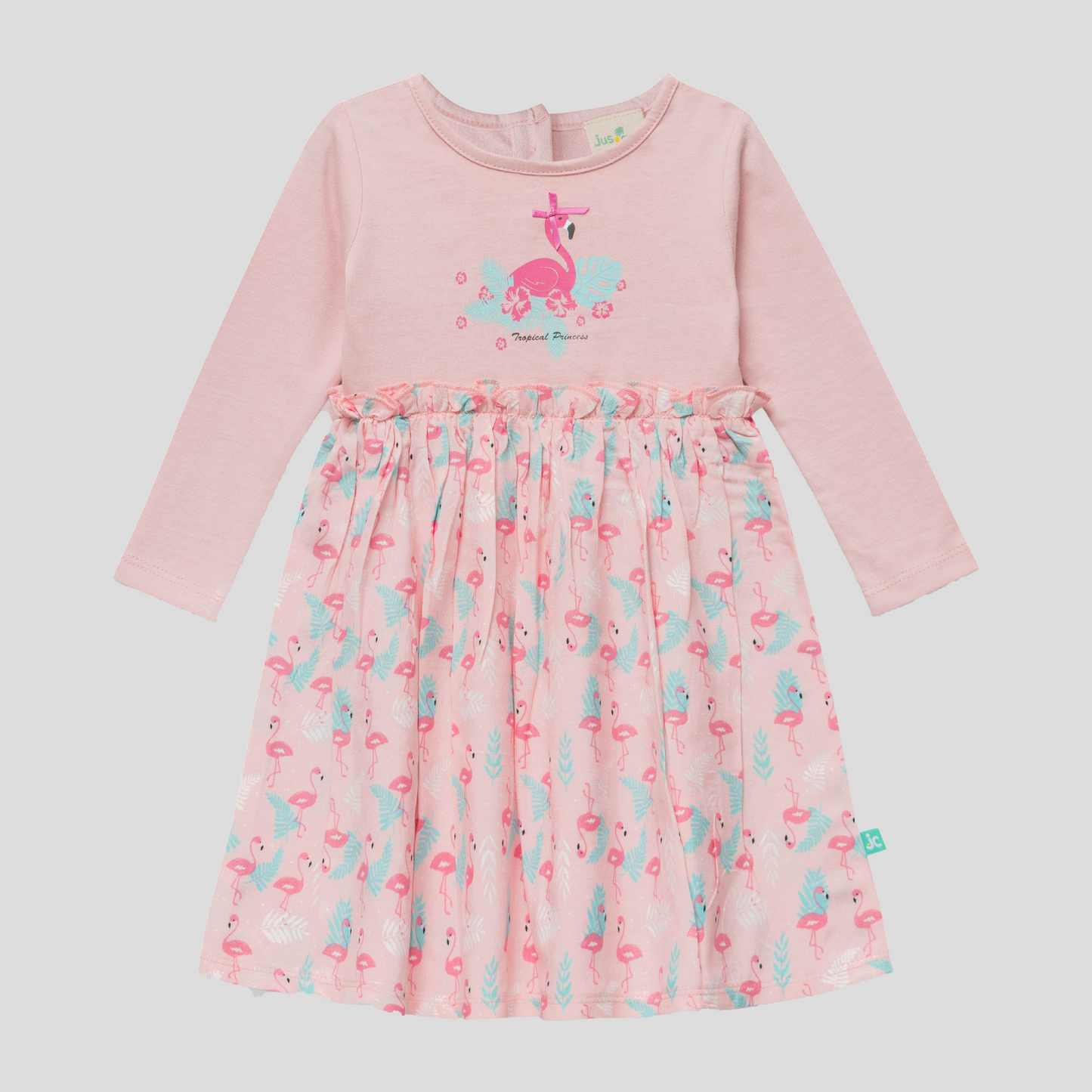 Pink Flamingo Full Sleeve Flair Dress for Toddlers