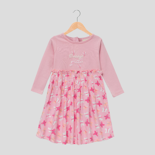 Adorable Pink Butterfly Full Sleeve Flair Dress for Toddler