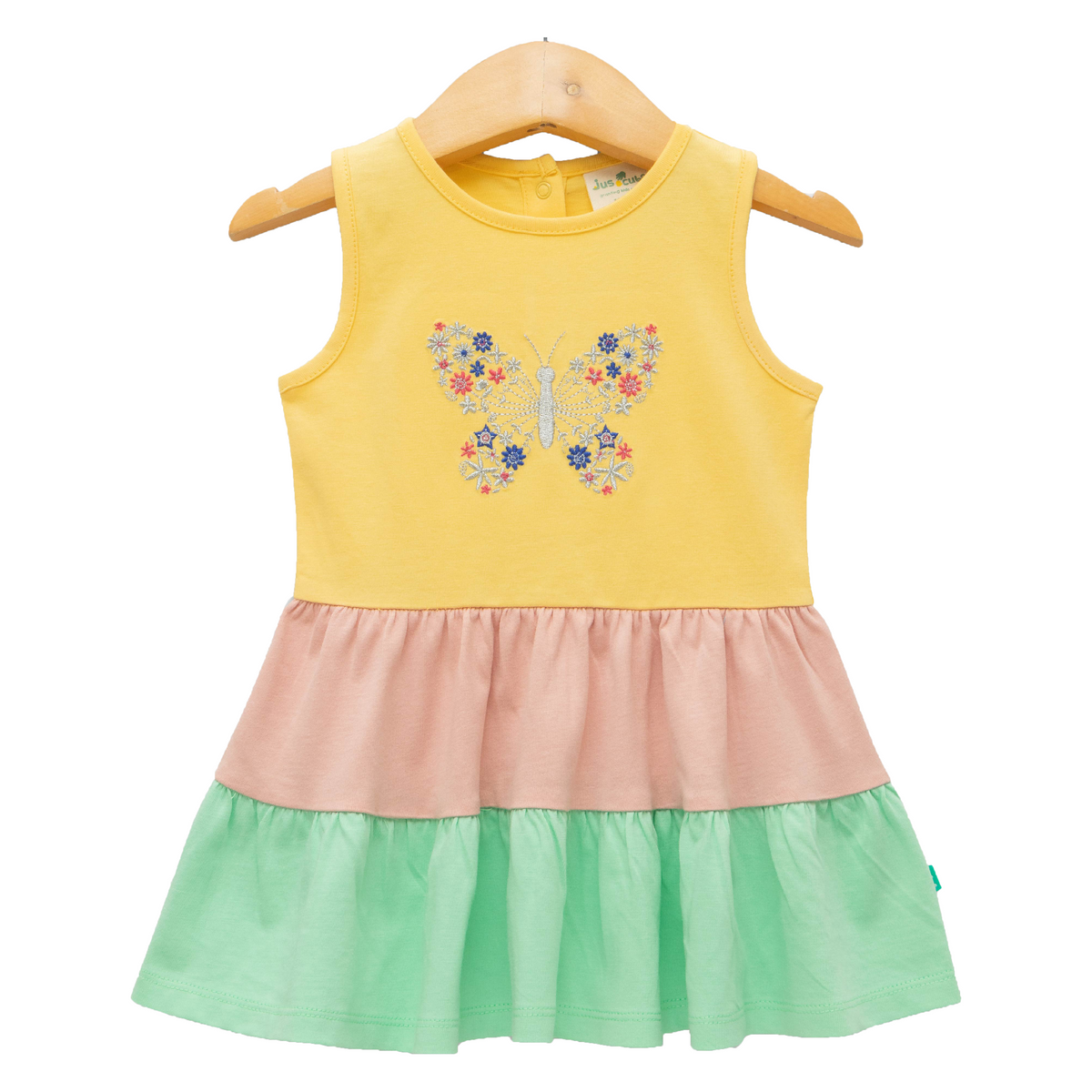 Adorable Sleeveless Tiered Dress with Butterfly Embroidery