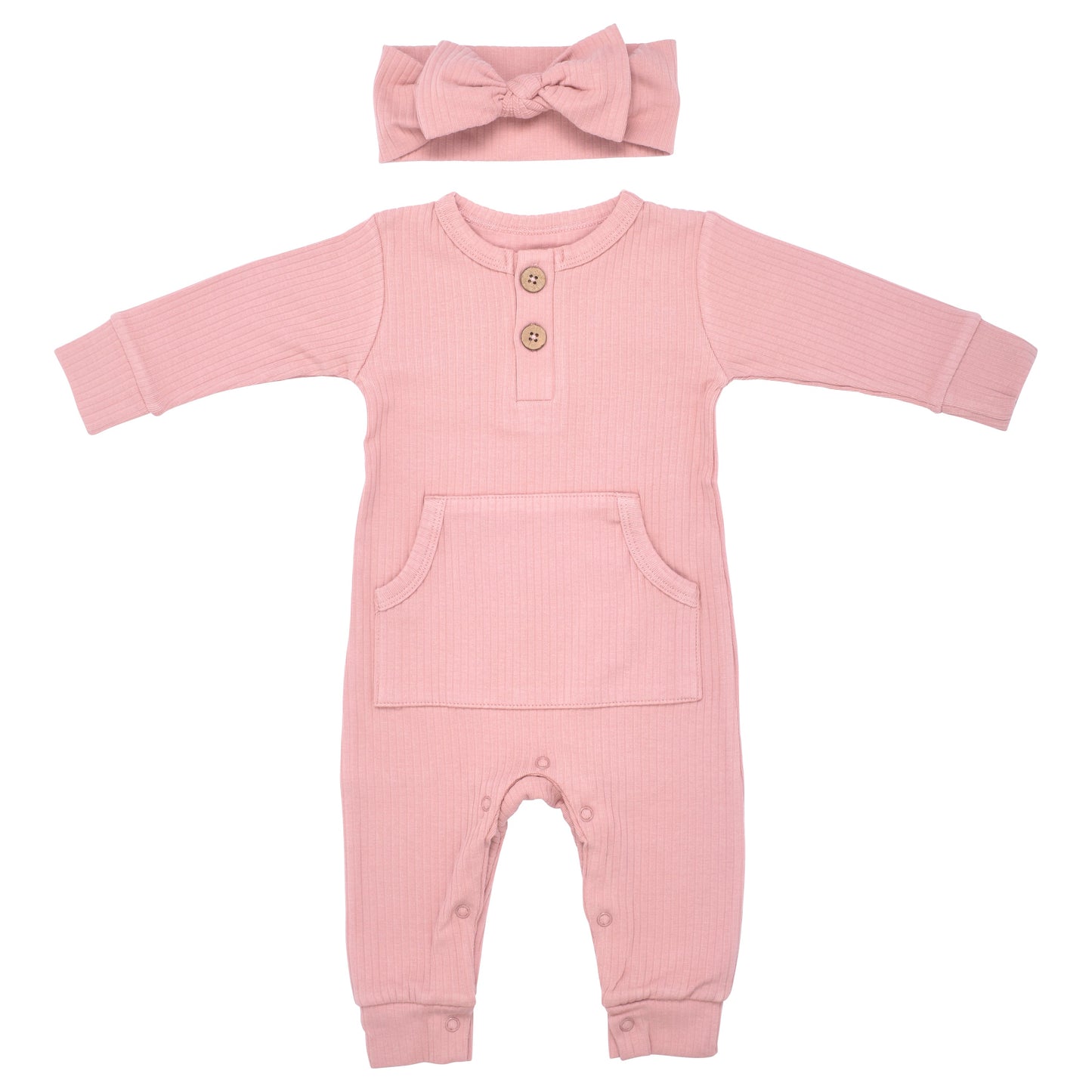 Dusty Rose Pink Baby Ribbed Playsuit with pockets