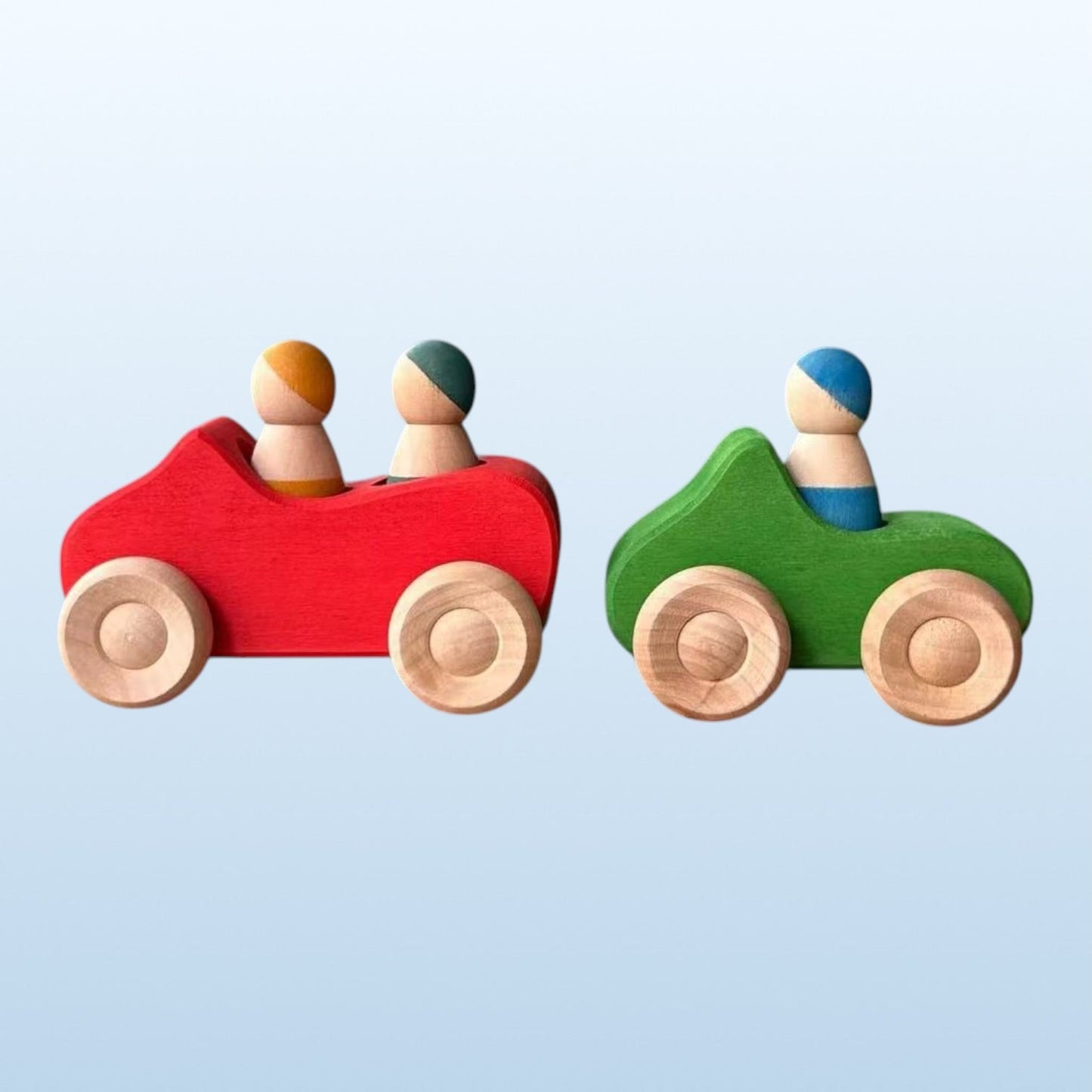 7 Pcs Colored Wooden Rainbow Cars Set with 3 Peg Dolls