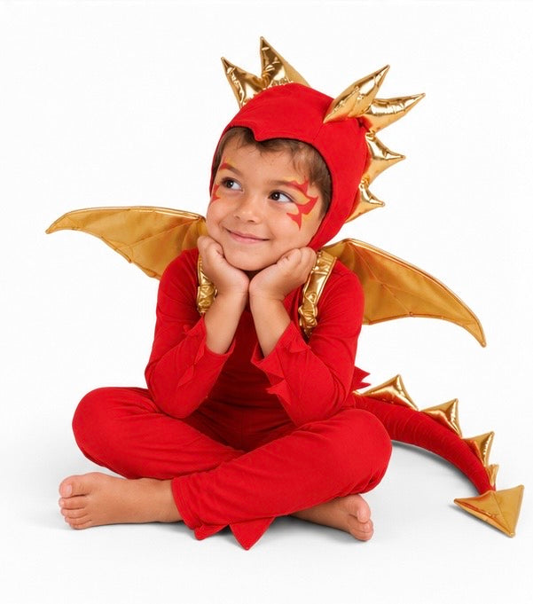 Sunfire Red Dragon with Gold Wings Costume for Kids – Handmade Fantasy Halloween Costume