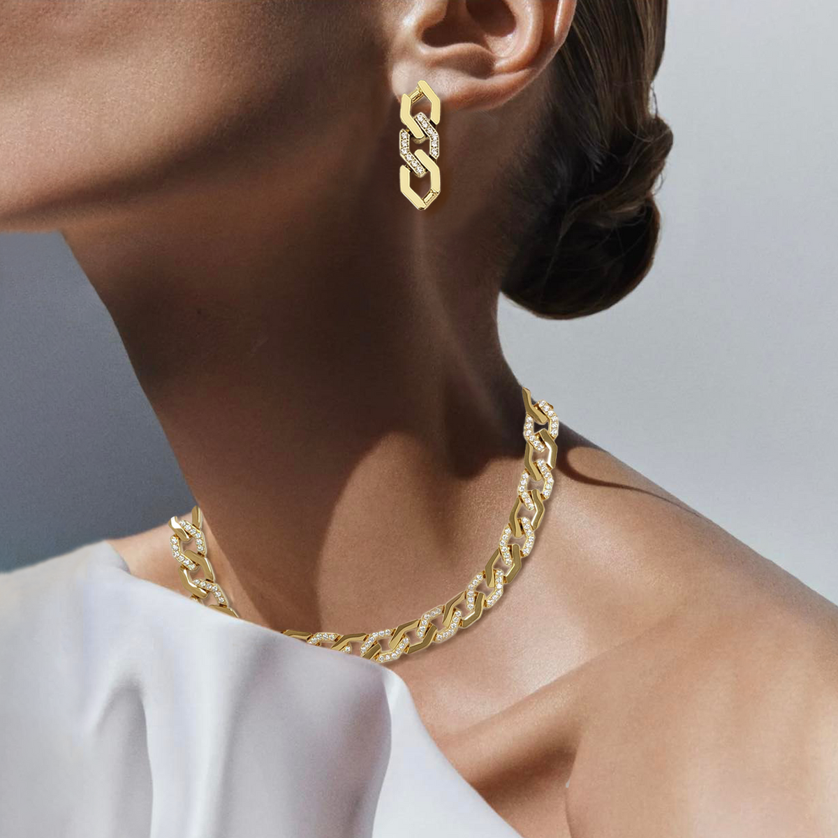 C101G B.Tiff Gold Pavé High Polish Flat Angular Cuban Link Necklace