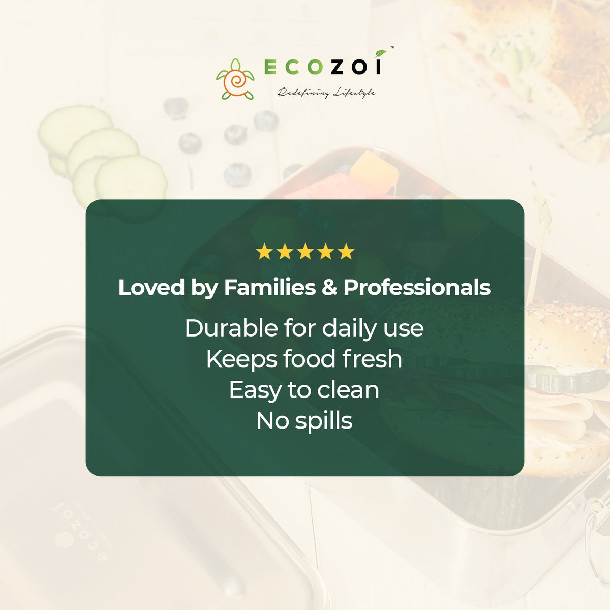 Ecozoi Stainless Steel Bento Lunch Box for Kids and Adults, 3 Compartment, Solid Print, 2 Tier Leak Proof, 60 oz