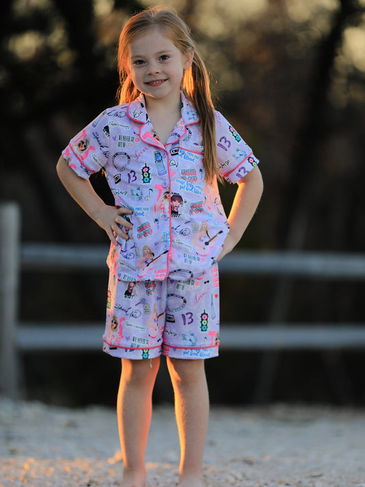 Purple TS Lapel Button Short Sleeve Shorts Pajama Set