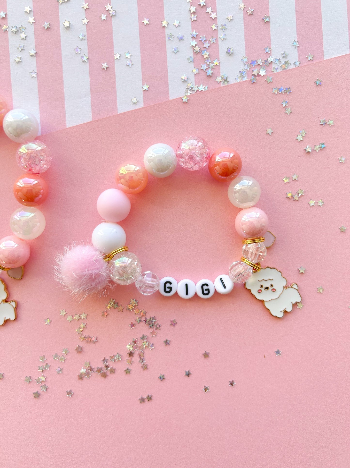 White Puppy Dog Beaded Charm Bracelet With Pom Pom
