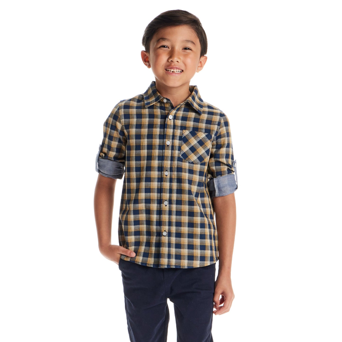 Kids Double-Faced Buttondown | Blue Plaid