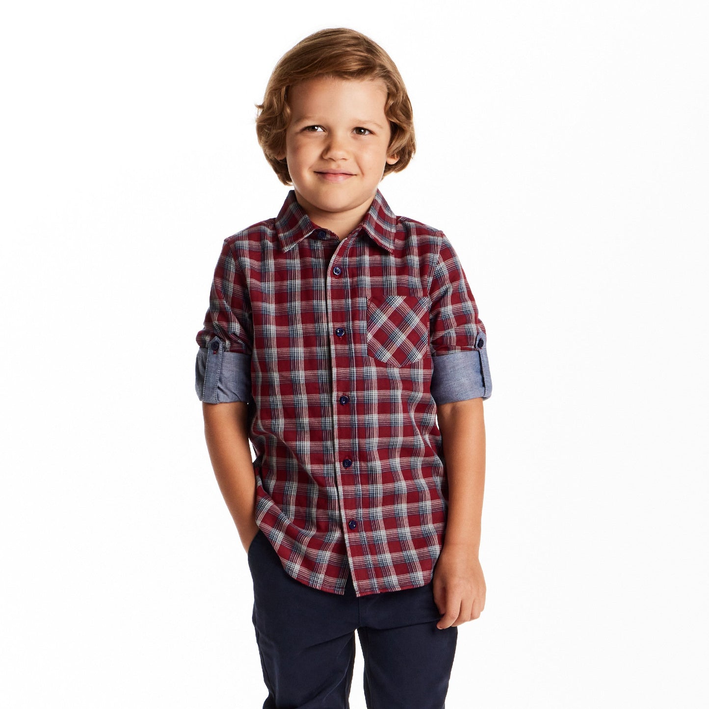 Kids Double-Faced Buttondown | Red Plaid