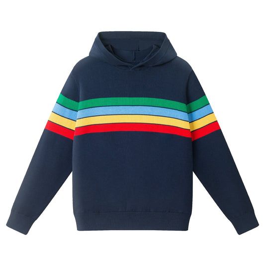 Big Kids Hooded Striped Sweater W/Multi Stripe | Navy