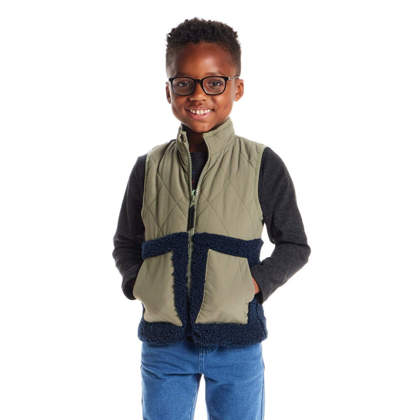 Kids Mixed Media Sherpa Vest | Green